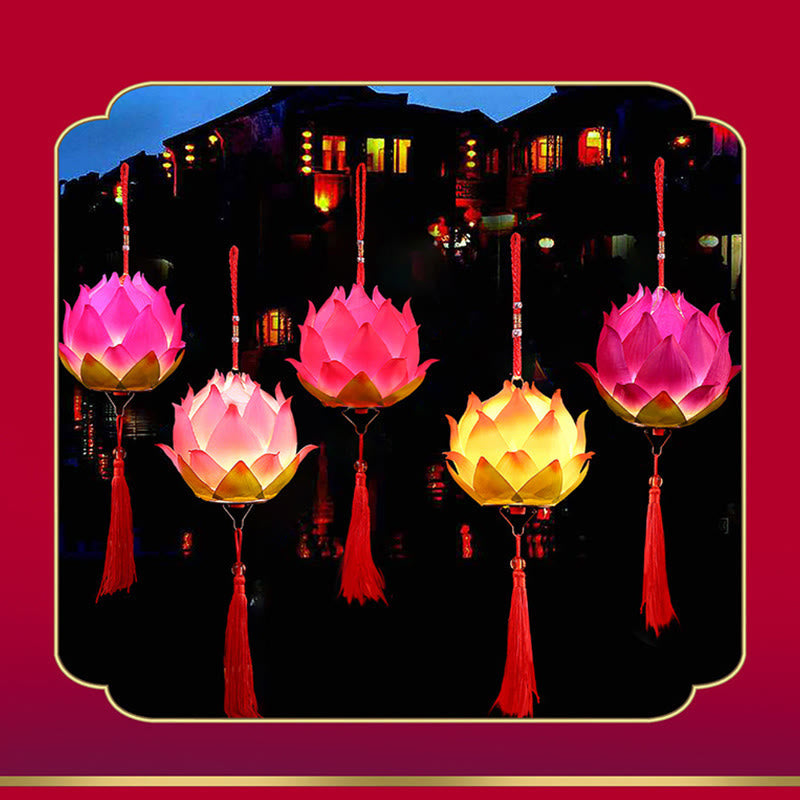 DIY Lotus Dragon Lantern Tassel Lamp – Five lotus lanterns in pink white gold over water town at night, Colorful collection