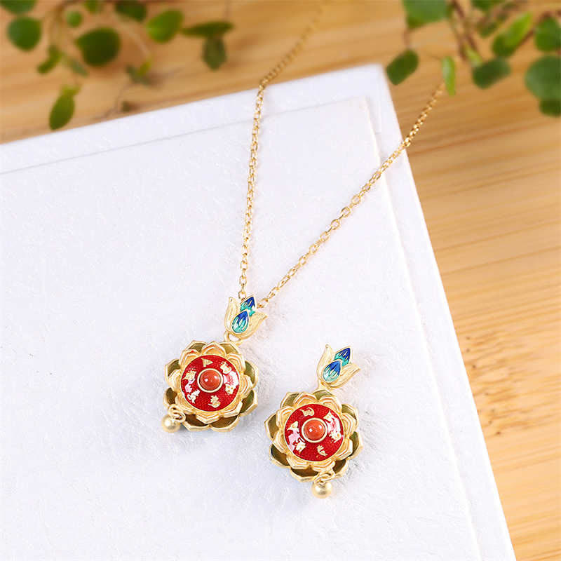 Silver Lotus Necklace and earring set – matching red agate lotus jewelry pair with gold details, blessed