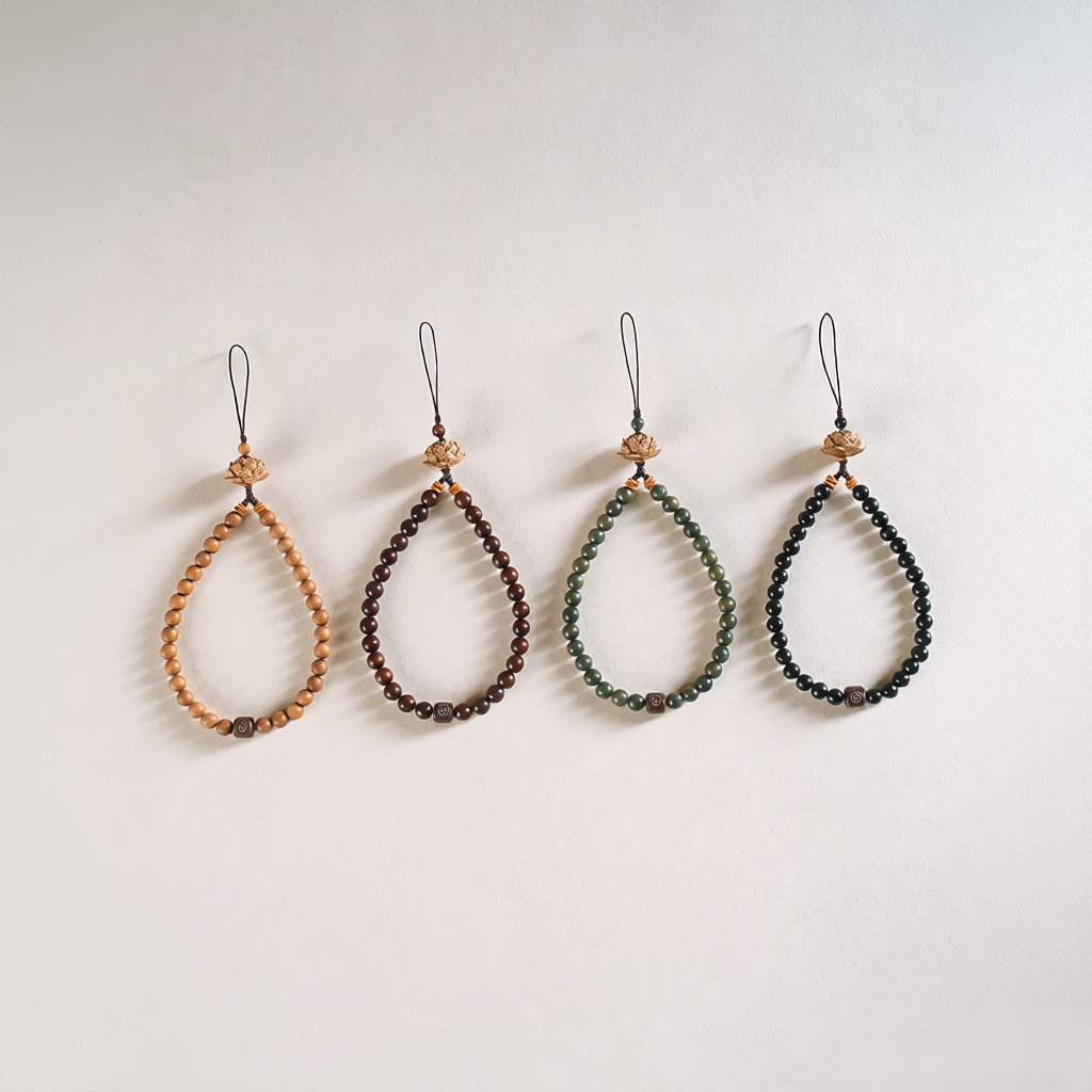 Zodiac Wood Bead Lanyard – Four color variants displayed side by side peach red green black, wood bead zodiac collection