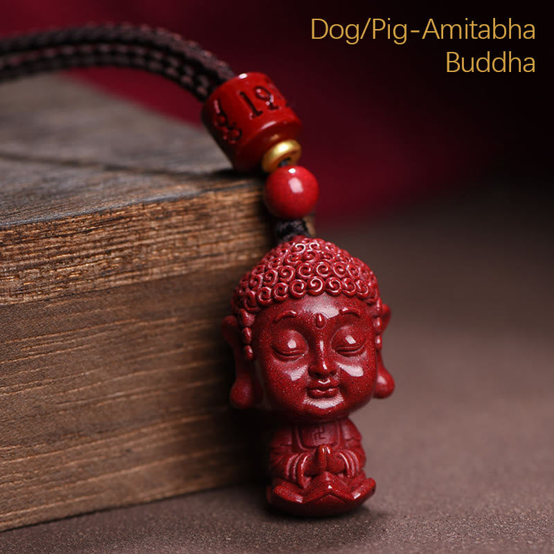 Chinese Zodiac Cinnabar Pendant – Dog and Pig zodiac Amitabha Buddha carving, spiritual guardian