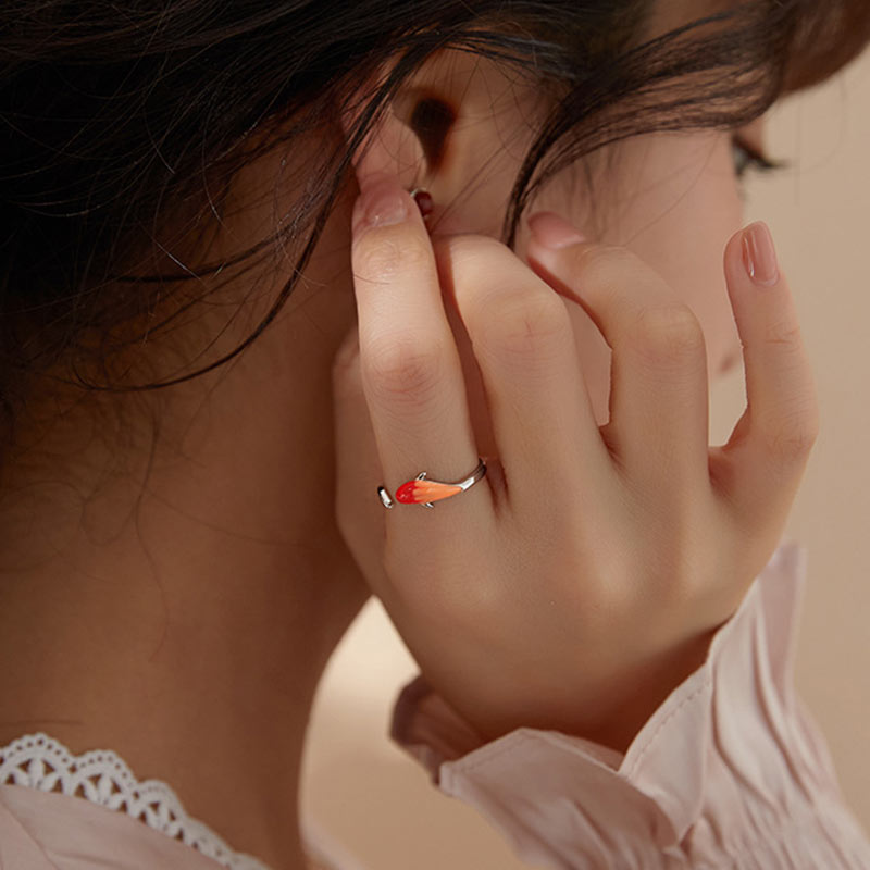 Copper Koi Fish Adjustable Ring – ring worn on hand displaying koi design and adjustable open band