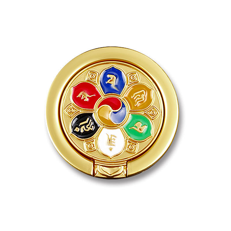 Om Mani Padme Hum Phone Ring Holder – Gold medallion with six-color mantra petals on white, Buddhist pin