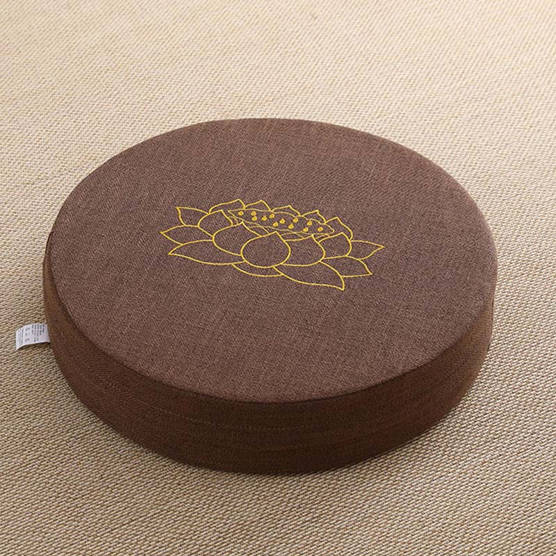 Brown Lotus Meditation Cushion - Gold embroidered lotus on chocolate linen zafu, zen seating