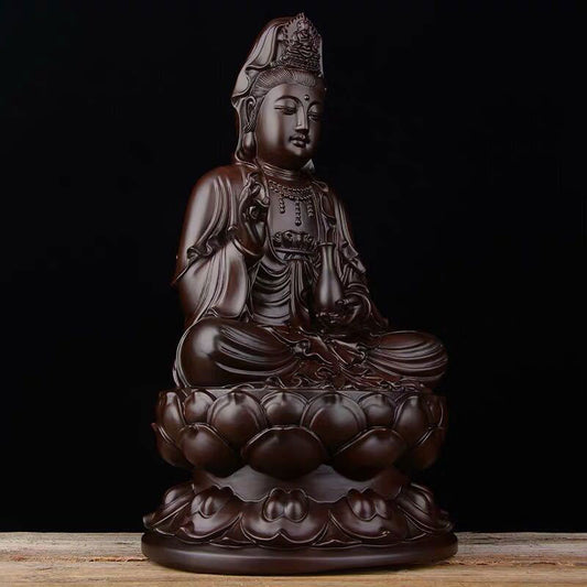 Ebony Avalokitesvara Lotus Decoration – Three-quarter Guanyin with flowing robes on weathered wood, dark wood carving