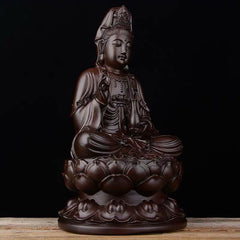 Ebony Avalokitesvara Lotus Decoration – Three-quarter Guanyin with flowing robes on weathered wood, dark wood carving