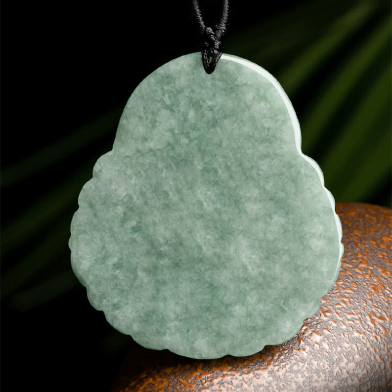 Laughing Buddha Natural Jade Abundance Necklace – Smooth forest green jade orb with detailed Hotei face, money magnet