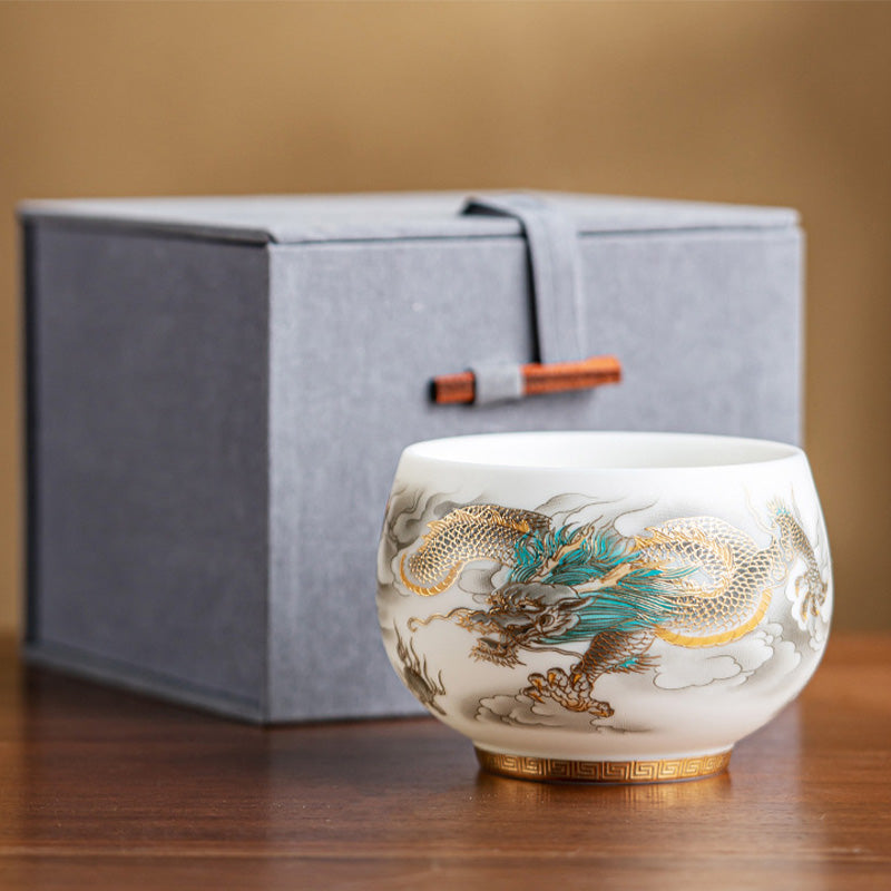 Dragon Phoenix Clouds Ceramic Teacup Gift Set – Gold and teal dragon with Greek key band, fabric box, polished wood