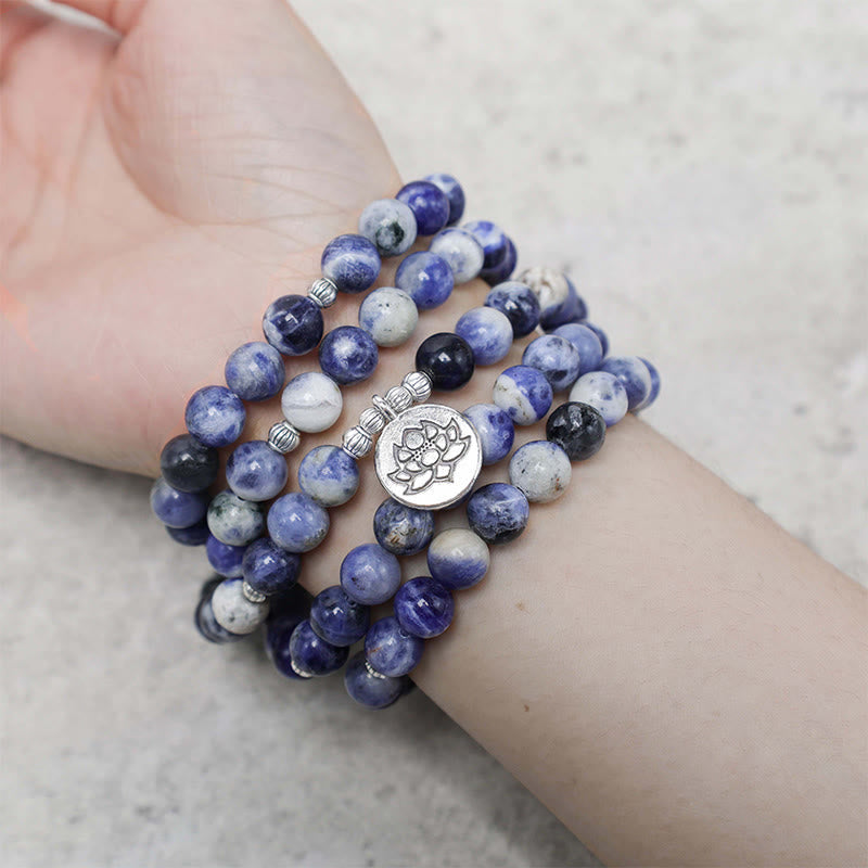 Blue Aventurine Lotus Peace Bracelet – triple wrap beaded bracelet worn on wrist with lotus charm, blue gemstone mala jewelry