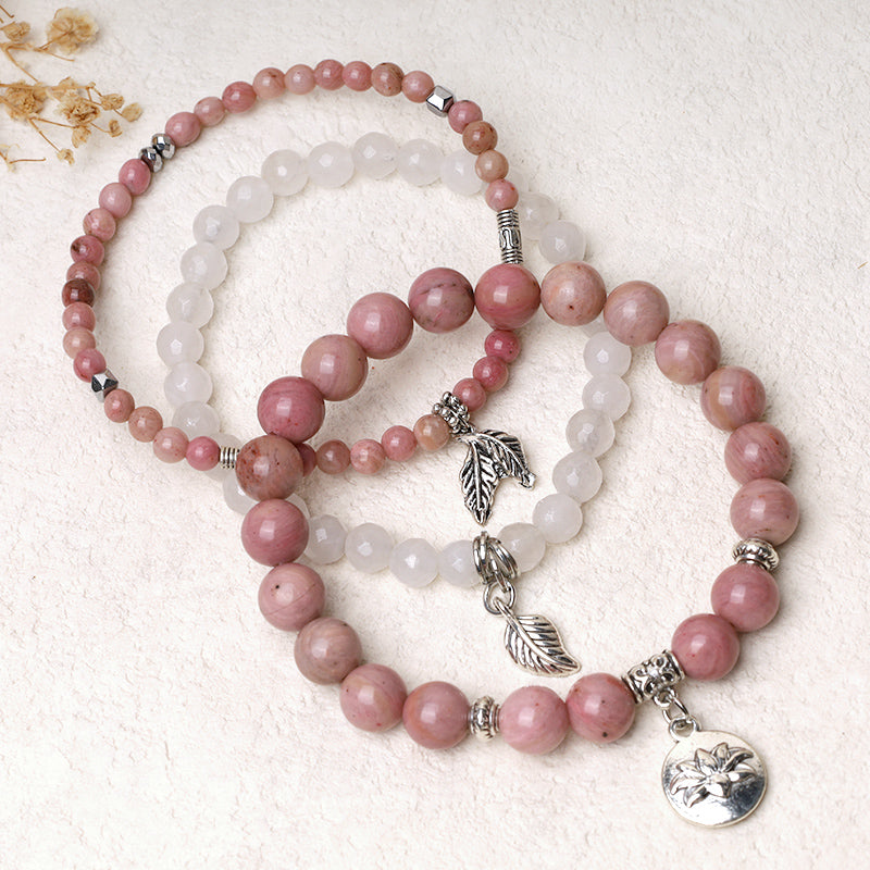 Lotus Bracelet Set – mauve pink rhodonite and white jade beads with silver leaf accents, gemstone bracelet