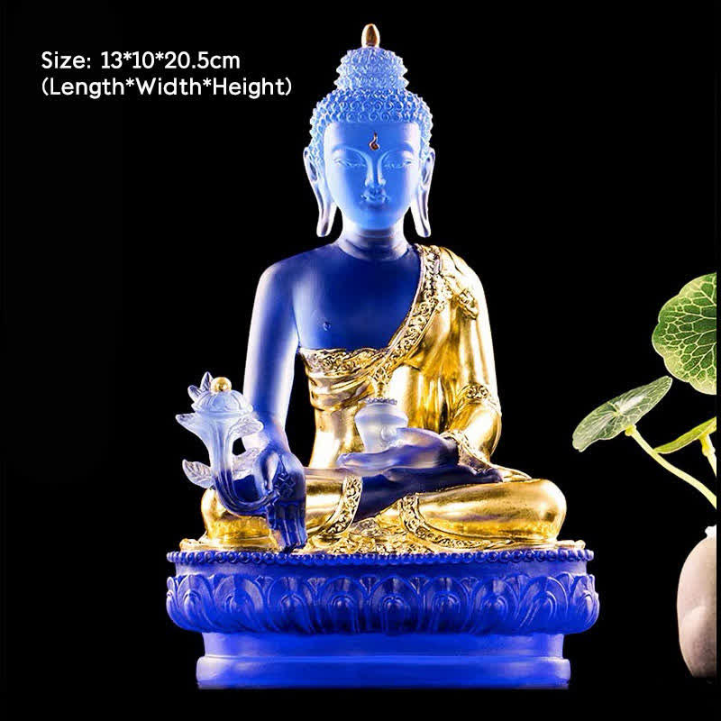 Medicine Buddha Liuli Crystal Statue Handmade Home Office Decoration – multi-colored liuli robe layers, rainbow healing energ
