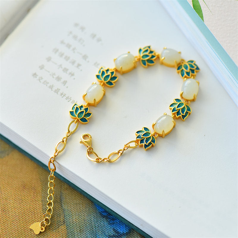 White Cyan Jade Lotus Bracelet - Jade ovals with cloisonne lotus on open book, green leaf, harmony jewelry