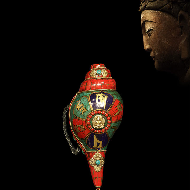 Shankha Om Mani Conch – front view of carved white conch shell with Buddha motif on wood, Tibetan decor