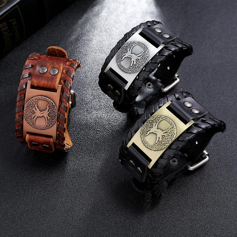 Tree of Life Copper Leather Bracelet – three color variants brown copper black silver black brass, dark surface studio stack