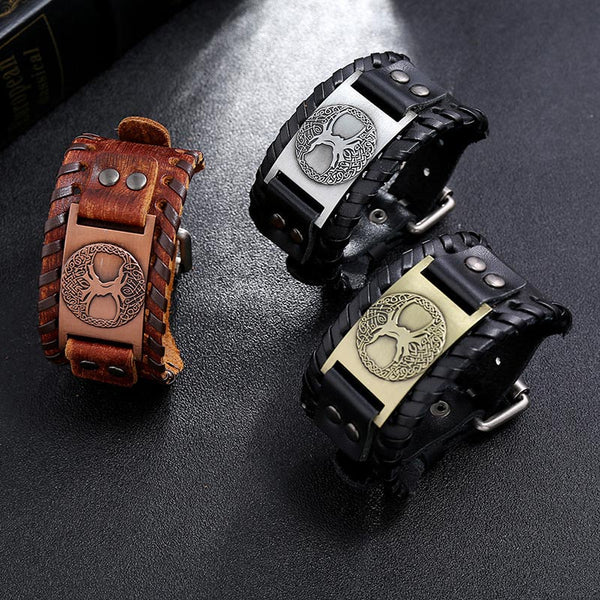 Tree of Life Copper Leather Bracelet – three color variants brown copper black silver black brass, dark surface studio stack