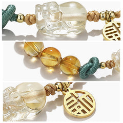 Citrine PiXiu Fu Bracelet – Three-panel close-up of PiXiu, citrine beads, Fu charm