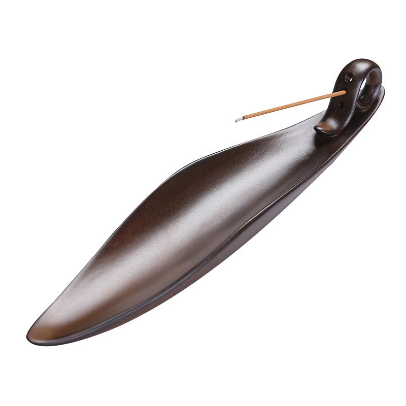 Ceramic Incense Burner – Brown ceramic boat with scroll holder and incense stick, Blessing