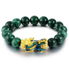 PiXiu Jade Bracelet – White background product shot with green jade and gold blue PiXiu charm