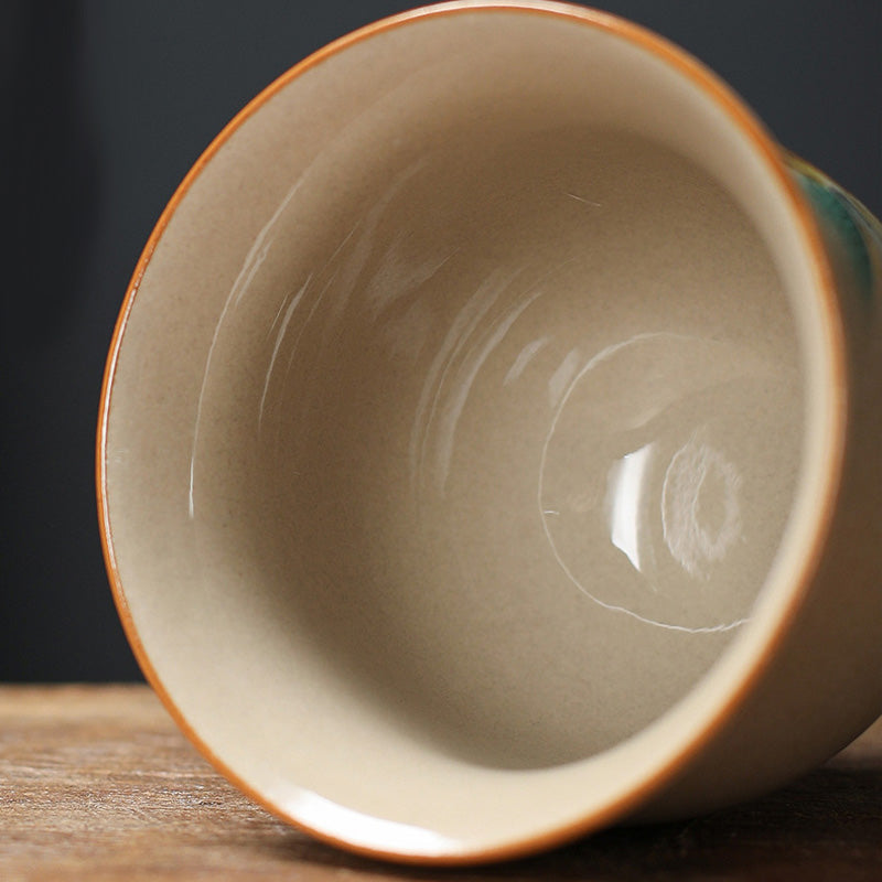 Chinese Zodiac Ceramic Teacup - interior glaze detail with terracotta rim, artisan pottery finish