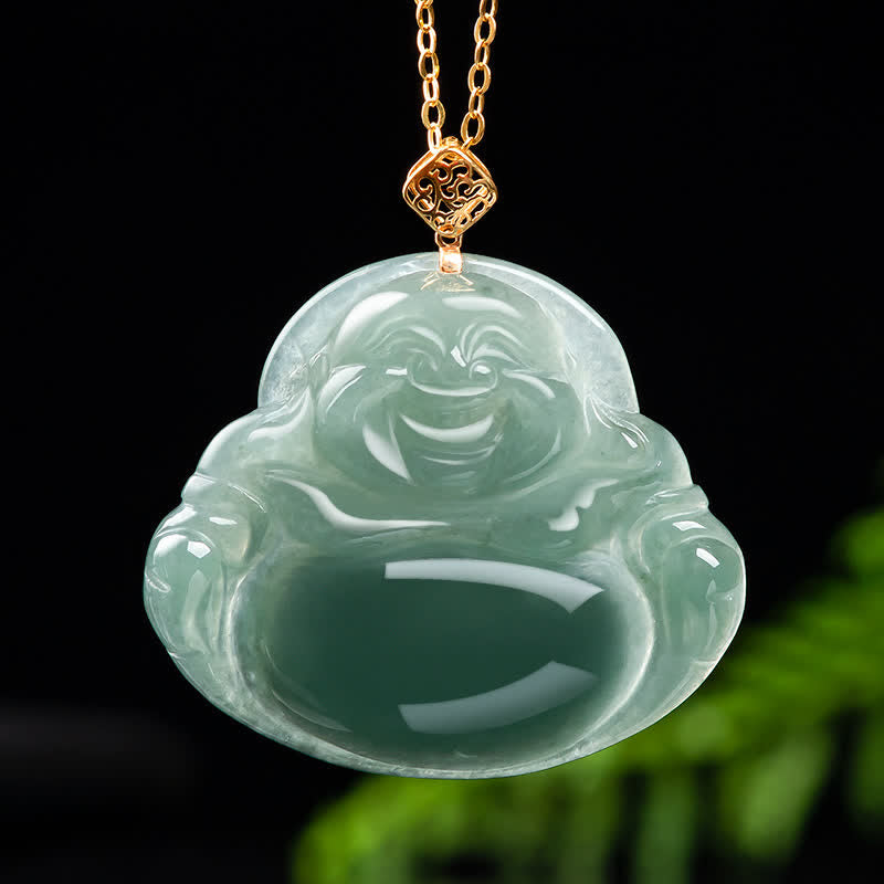Laughing Buddha Jade Prosperity Necklace 18K Gold Abundance Pendant – green jade 18K gold setting, luxury prosperity charm