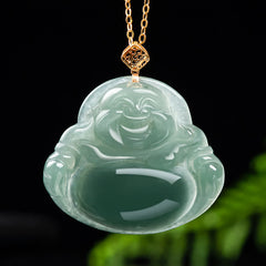 Laughing Buddha Jade Prosperity Necklace 18K Gold Abundance Pendant – green jade 18K gold setting, luxury prosperity charm