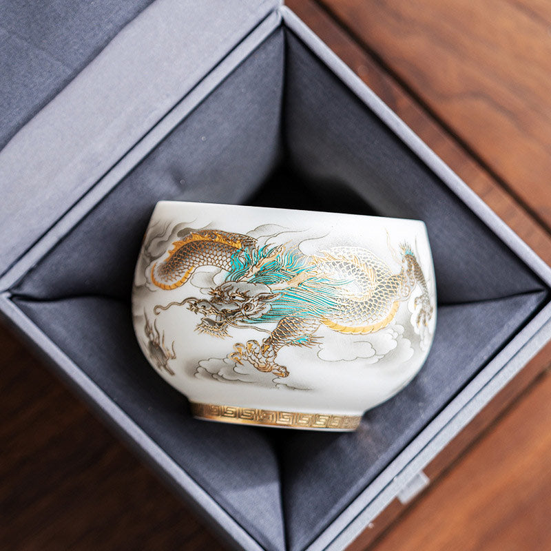 Dragon Phoenix Clouds Ceramic Teacup Gift Set – Cup in charcoal velvet box, gold and turquoise dragon from above