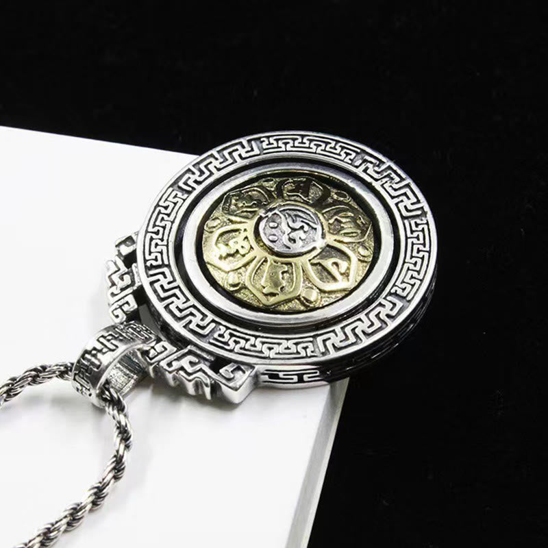 Double Dorje Vajra Rotatable Necklace – spinner disc with Greek key border and gold Sanskrit center, Buddhist jewelry