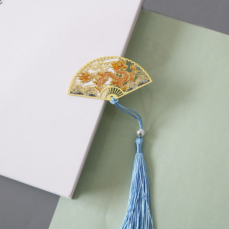 Brass Hollow Fan Bookmark - Dragon and cloud cutout with blue silk tassel, powerful