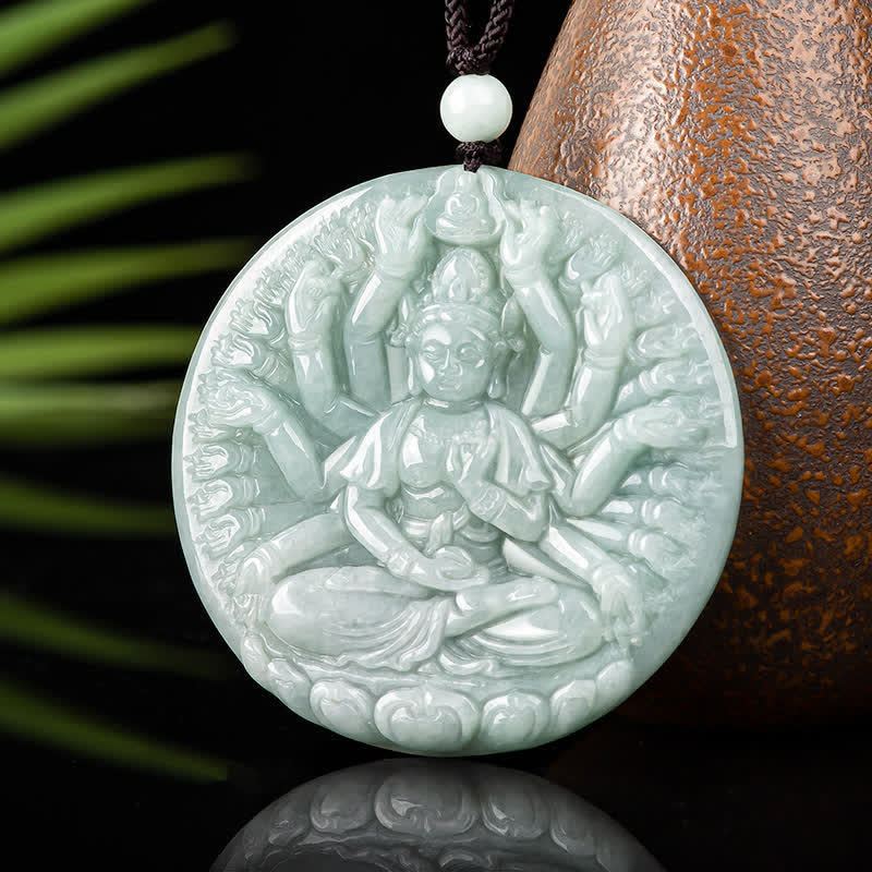 Thousand-Hand Kwan Yin Jade Necklace – top angle showing lotus seat, sacred Tibetan iconography art