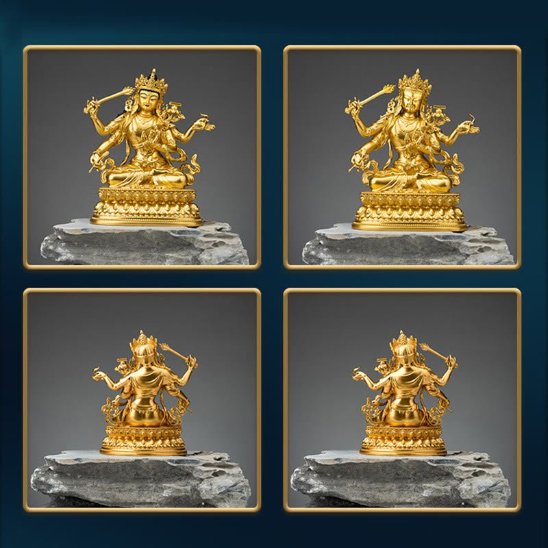 Four-Armed Manjusri Bodhisattva Gold Copper Statue Home Decor – library leather books, intellectual decor