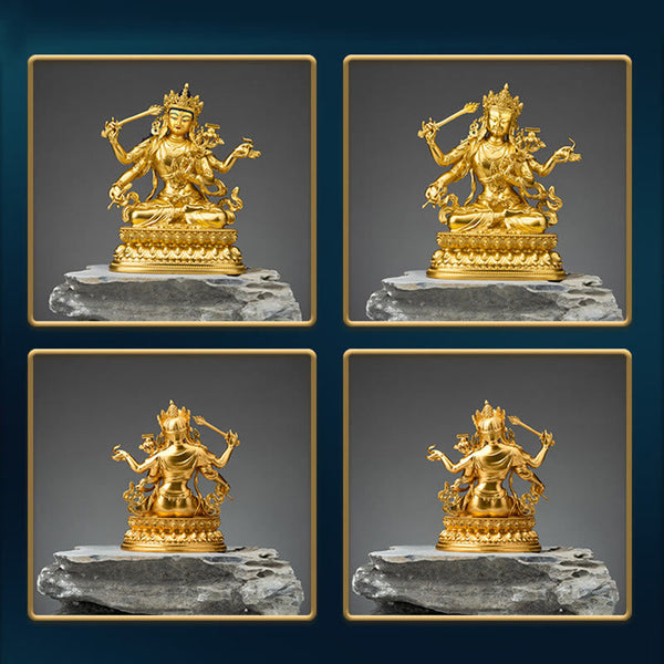 Four-Armed Manjusri Bodhisattva Gold Copper Statue Home Decor – library leather books, intellectual decor