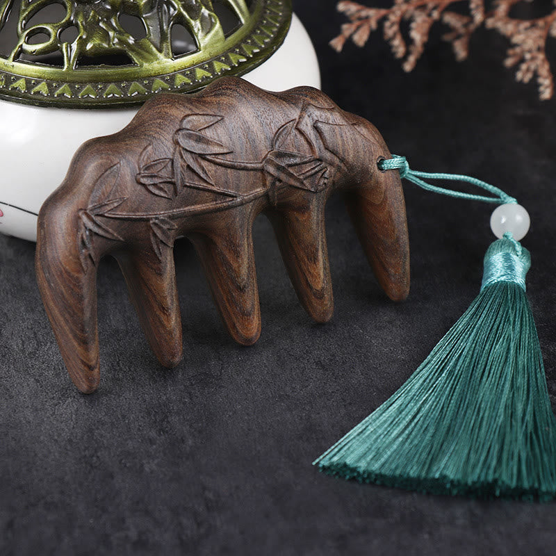Green Sandalwood Koi & Lotus Tassel Comb – Chacate Preto Wood Bamboo, image 4