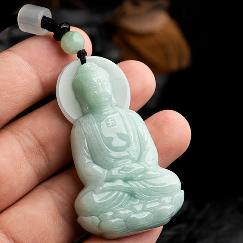 Amitabha Buddha Jade String Necklace - Hand-held close-up revealing jade translucency and chest symbol