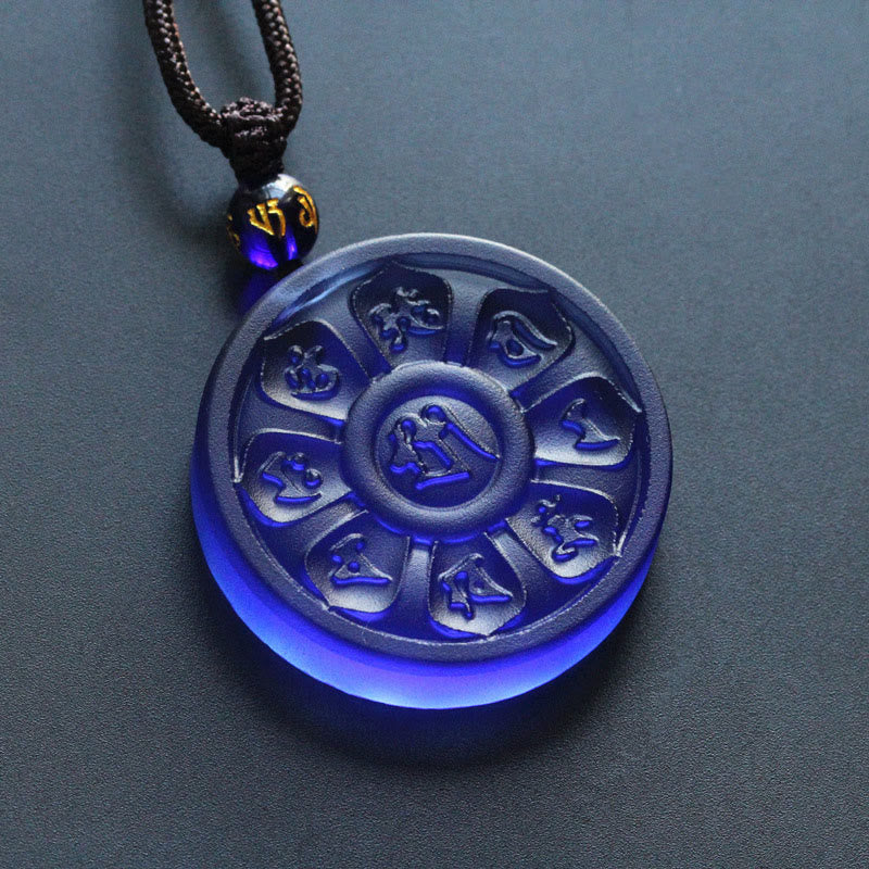 Liuli Manjusri Lotus Necklace - blue lotus wheel pendant with inscribed guru bead, mindful