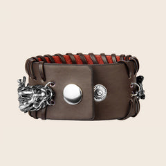 Dragon Leather Weave Protection Bracelet – dragon head centerpiece with snap closure on brown leather, powerful