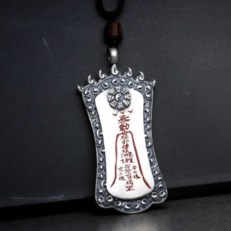 Bagua PiXiu Necklace – Back of silver pendant showing Bagua yin-yang with red characters, feng shui jewelry