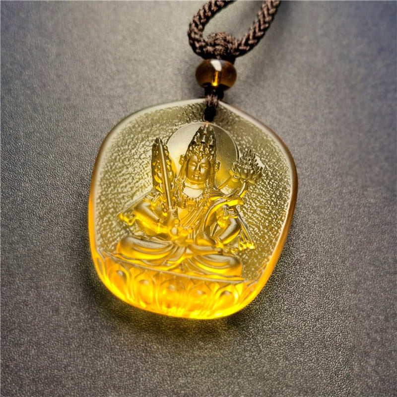 Chinese Zodiac Natal Buddha Liuli Pendant - four-armed bodhisattva with vajra and lotus, honey, Serene