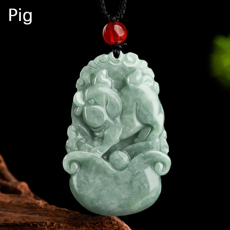 Green Jade Zodiac Necklace - Seated pig zodiac jade with curled tail and ruyi base, abundance