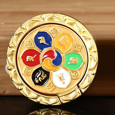 Om Mani Padme Hum Phone Ring Holder – Gold medallion pin with six-color enamel petals, Buddhist badge