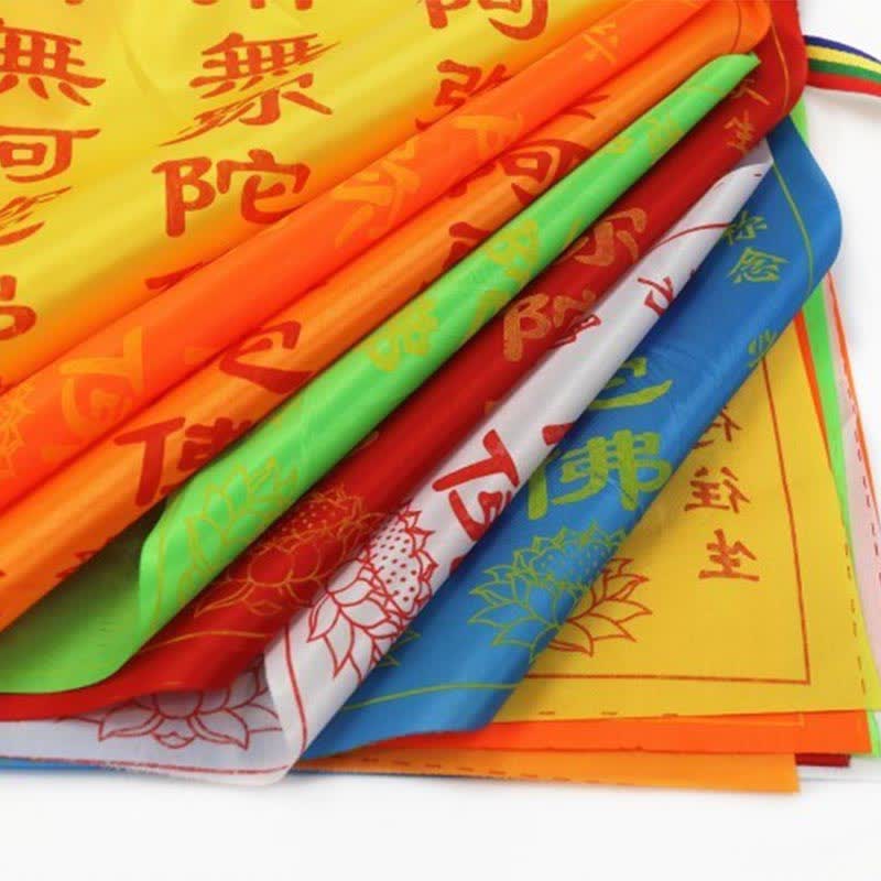 Tibetan Windhorse Lotus Prayer Flag Set - full rainbow fanned stack, lotus motifs visible