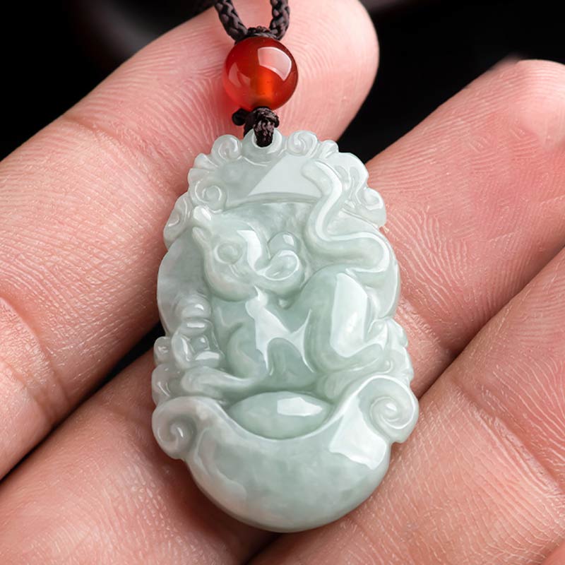 Natural Jade Chinese Zodiac Pendant – Rat zodiac held in open palm, authentic