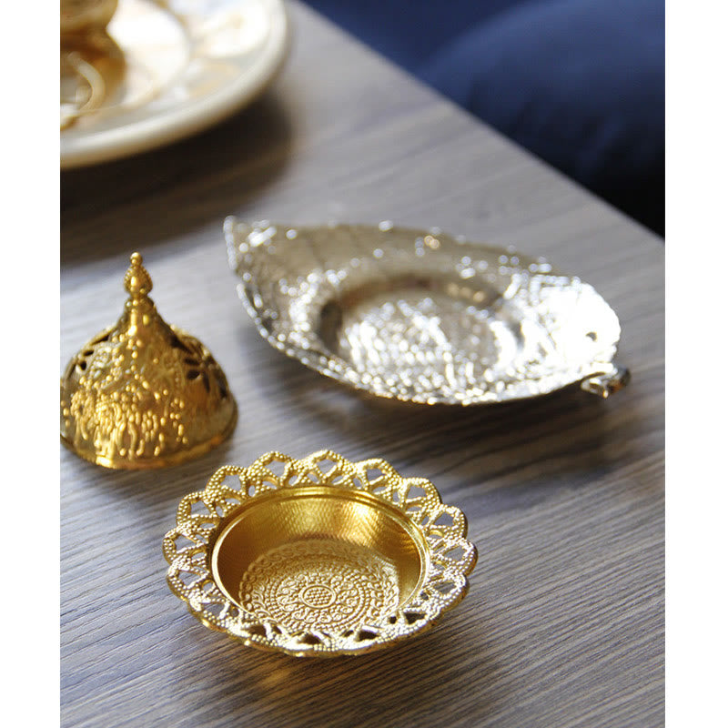 Tibetan Gold Leaf Coaster Incense Burner – Three gold pieces dome burner leaf tray and pierced bowl on table, brass prayer set
