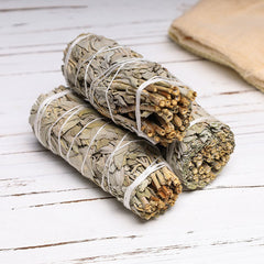 Three white sage smudge sticks bundled with cotton string on whitewashed wood