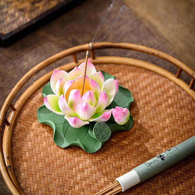 Lotus Ceramic Incense Burner - lotus with burning incense on woven bamboo tray, incense bundle included