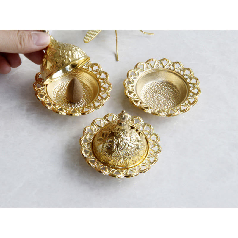 Tibetan Gold Mini Meditation Incense Burner – Hand opening gold burner to reveal cone, assembled and open views combined