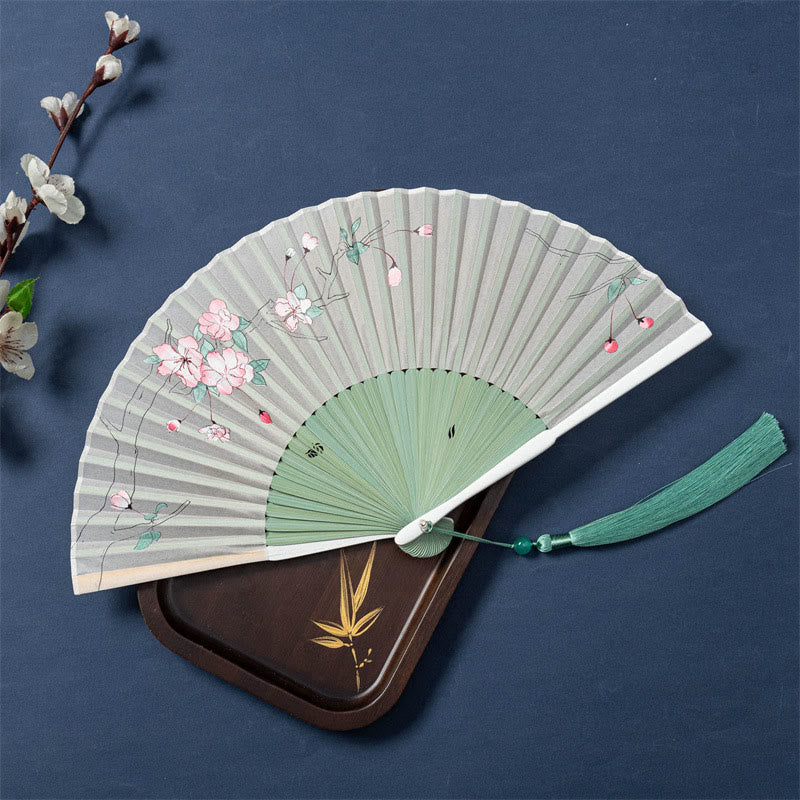Lotus Begonia Jasmine Handheld Bamboo Folding Fan - begonia flowers with calligraphy detail, olive green tassel