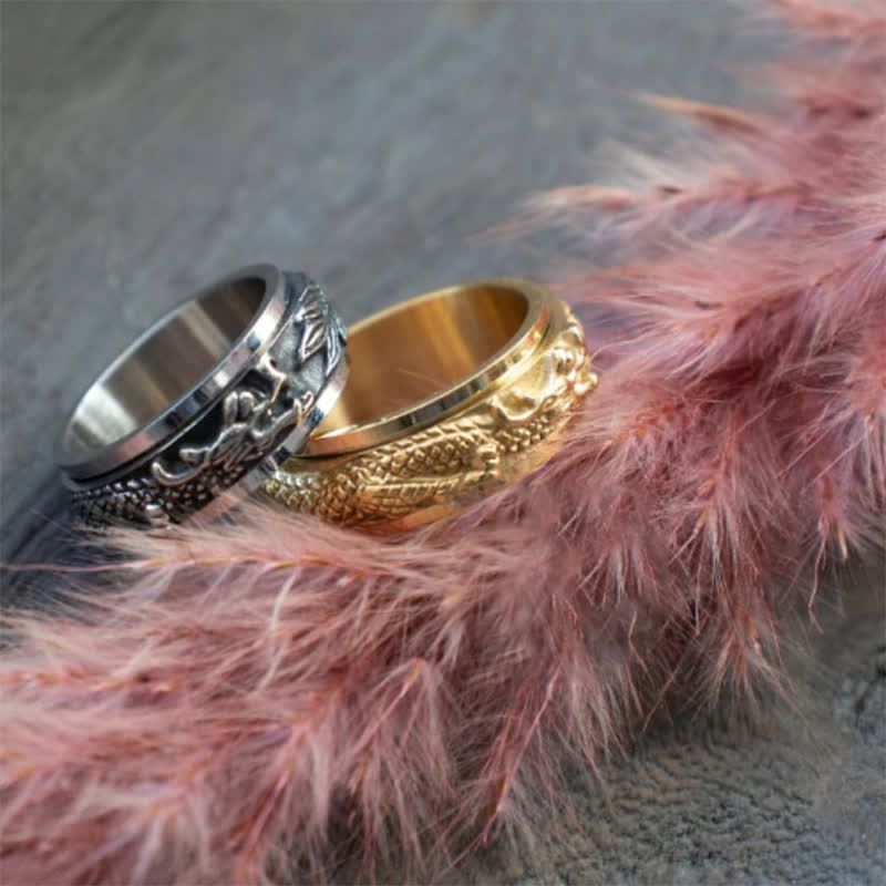 Dragon Titanium Steel Ring – Silver and gold dragon pair on pink feathers, protection