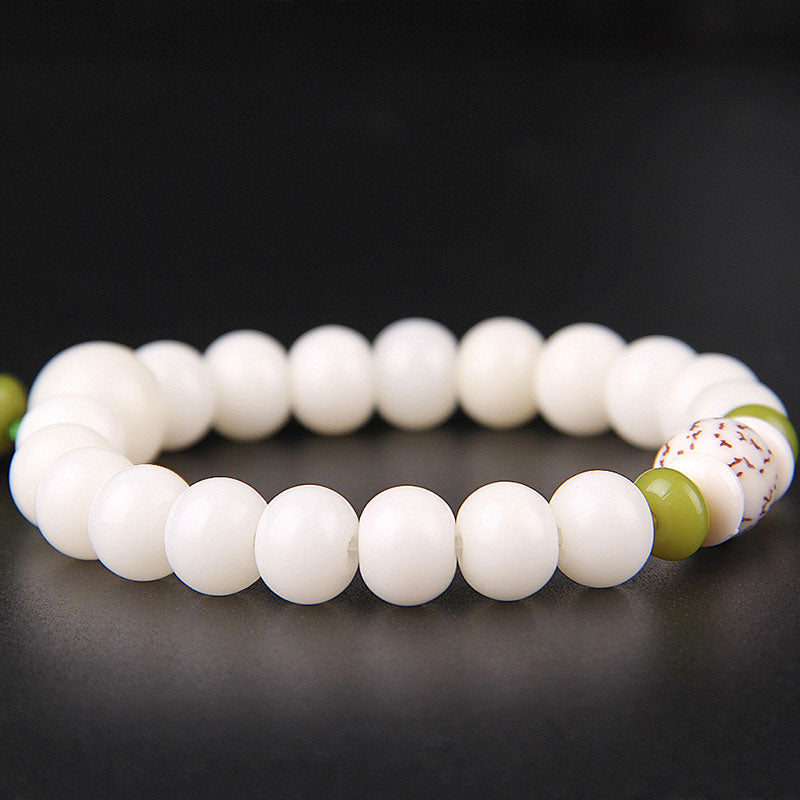 Natural White Bodhi Seed Beads – Smooth round prayer beads with green accents and speckled pattern, no pendant