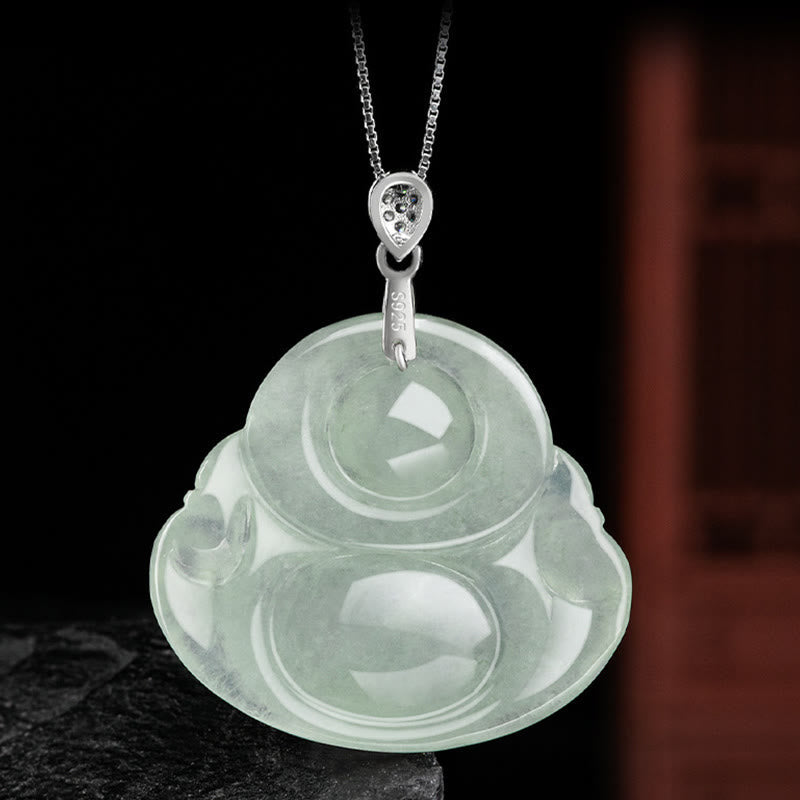 Natural Jade Pendant – side view, laughing Buddha spiritual jewelry