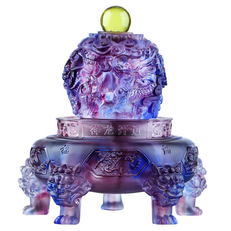 Rotatable Liuli Dragon Art – Purple crystal sphere with auspicious inscription on white, Luck