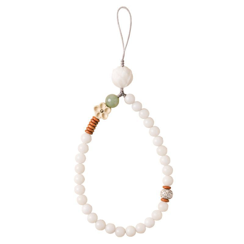 White Jade Bodhi & Jadeite Crystal Phone Charm – Clean white background product shot with white bodhi beads, green jadeite, and metal flower